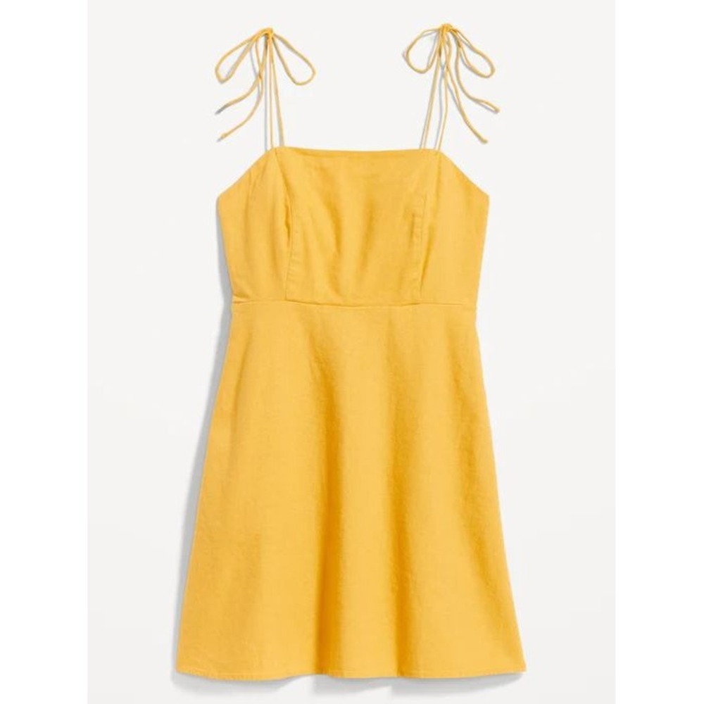 Old Navy Mini Dress Size L Yellow SL Cami Tie St Linen Blend Summer Smocked - Picture 2 of 7